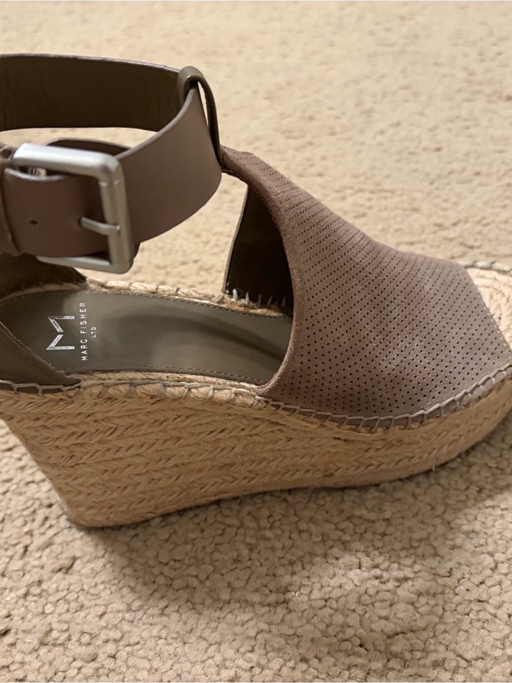 Marc Fisher Taupe Perforated Espadrille Wedge Sandals
